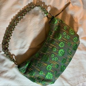 Elliot Lucca Green and Gold Brocade Beaded Purse